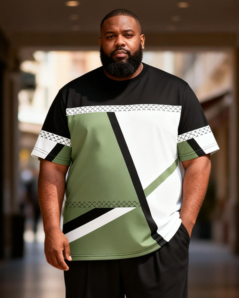 Big & Tall Men's Green Black And White Geometric Contrast Printed T-Shirt Pants Set