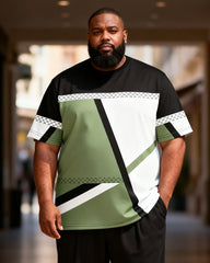 Big & Tall Men's Green Black And White Geometric Contrast Printed T-Shirt Pants Set