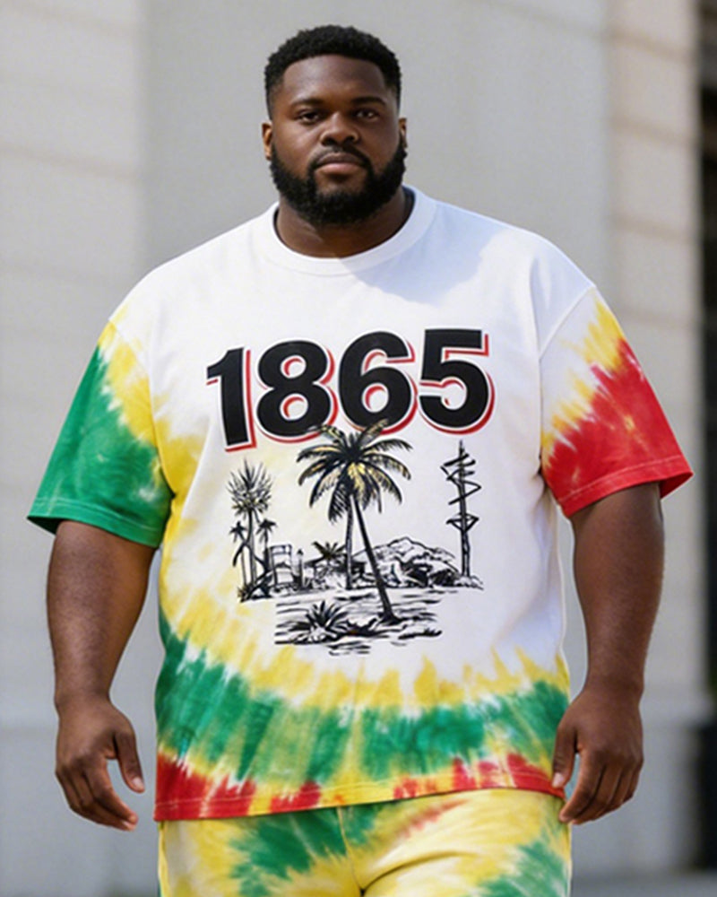 Big & Tall Men's 1865 Coconut Tree Landscape Tie-Dye Print Crewneck Short Sleeve T-Shirt Shorts Set