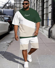 Big & Tall Men's Green And White Card And Its Oblique Spelling Respect Letter Printed Crew Neck Short Sleeve T-shirt Shorts Set