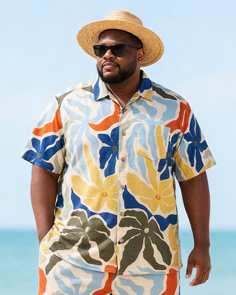 Big & Tall Men's Morandi Color Contrast Large Flower Print Short Sleeve Shirt And Shorts Set