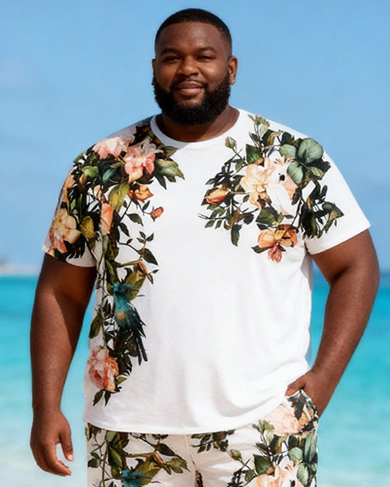 Big & Tall Men's Flower And Bird Print Round Neck Short Sleeve T-Shirt Shorts Set