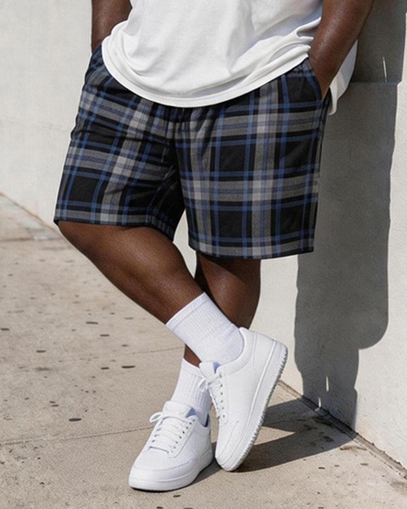 Big & Tall Men's Vintage Plaid POLO Alphabet Print Round Neck Short Sleeve T-Shirt Shorts Set