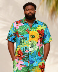Big & Tall Men's Painted Tropical Floral Contrast Printed Short Sleeve Shirt Shorts Set
