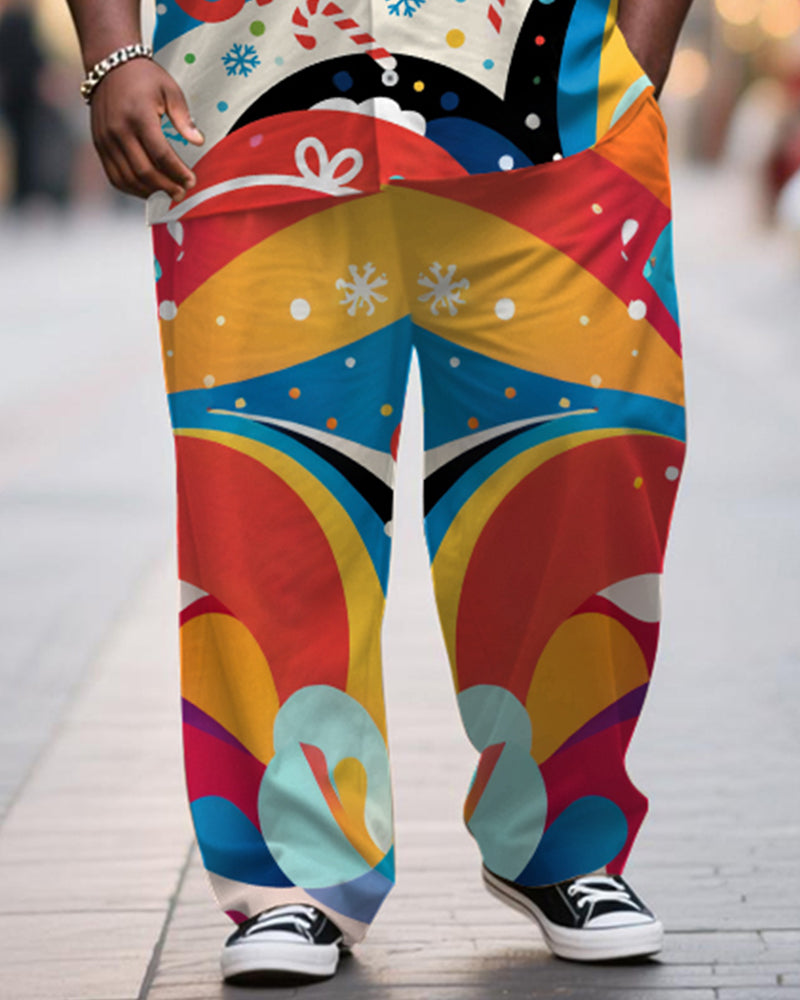 Big & Tall Men's Merry Christmas Colorblock Alphabet Print Short Sleeve Shirt Trousers Suit