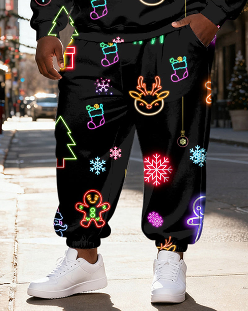 Big & Tall Men's Black Neon Christmas Print Hoodie Set