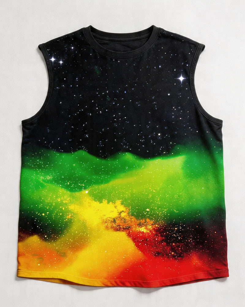 Big & Tall Men's Red, Yellow And Green Starry Sky Gradient Printed Round Neck Sports Vest