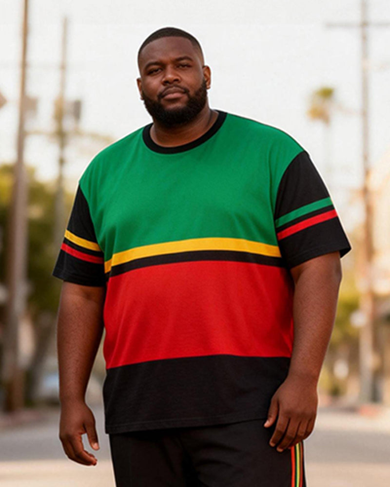 Big & Tall Men's Pan-African Tricolor Horizontal Printed T-Shirt Pants Set