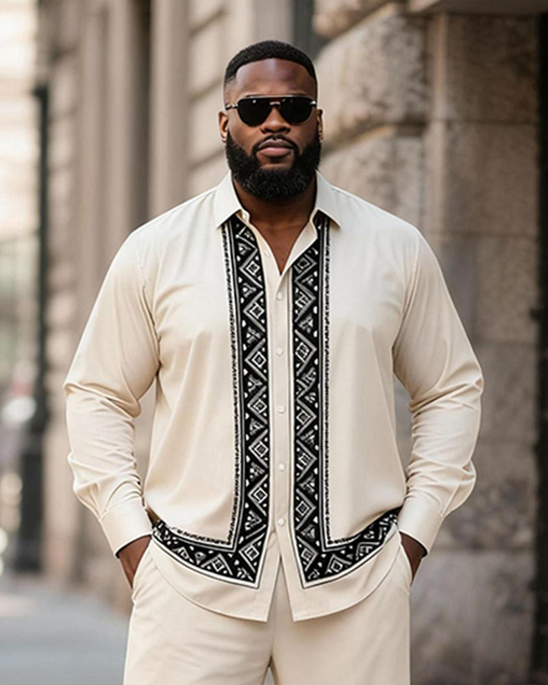 Big & Tall Men's Rice White Ethnic Pattern Printed Long Sleeve Shirt Trousers Suit