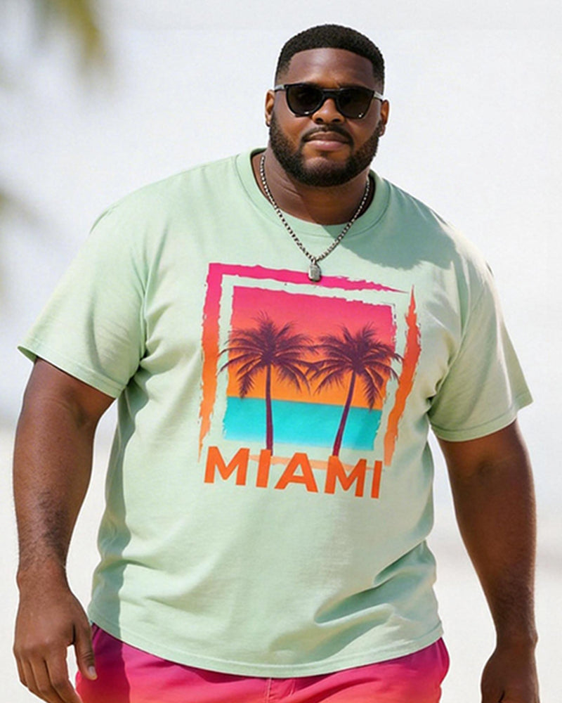 Big & Tall Men's MIAMI Double Coconut Tree Gradient Print Round Neck Short Sleeve T-Shirt Shorts Set