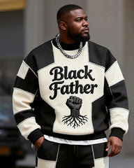 Big & Tall Men's Black Father Black And White Patchwork Printed Round Neck Sweater Set