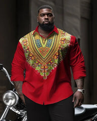 Big & Tall Men's Red African Collar Totem Print Long Sleeve Shirt Pants Set