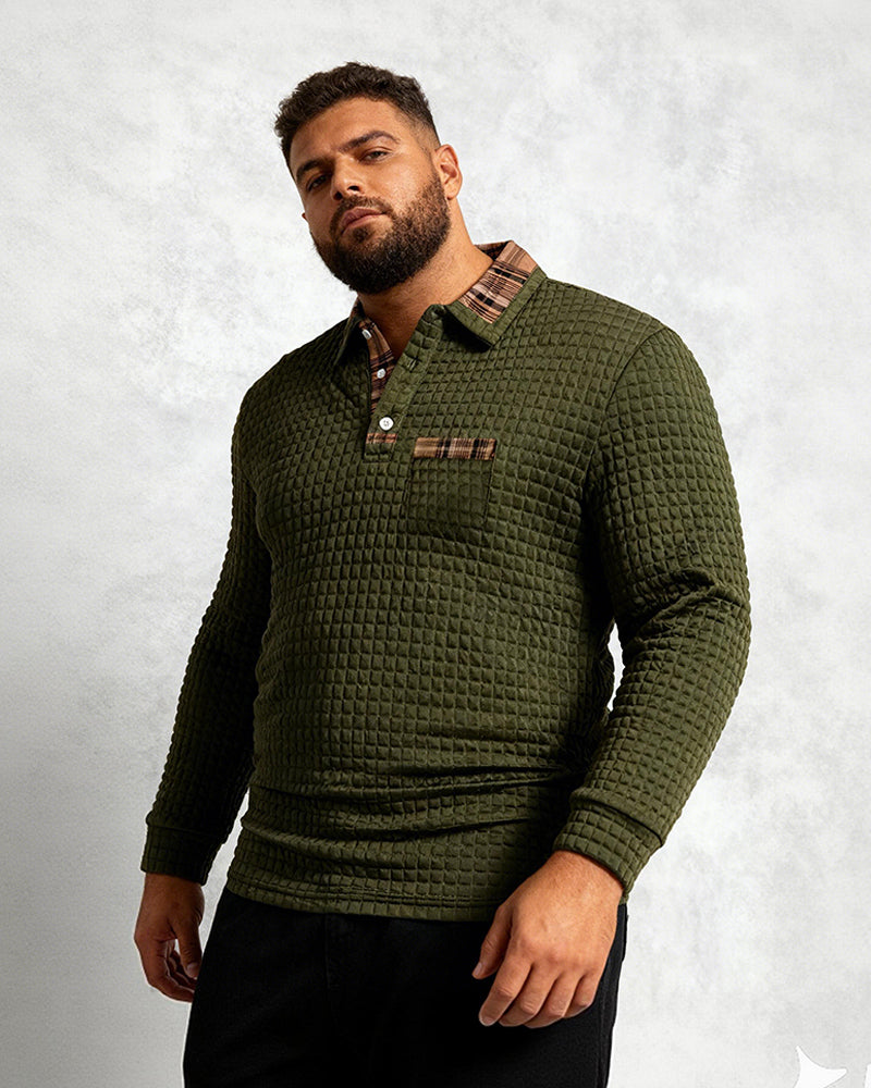 Big & Tall Men's Plaid Pocket Lapel Long Sleeve Polo M-3XL