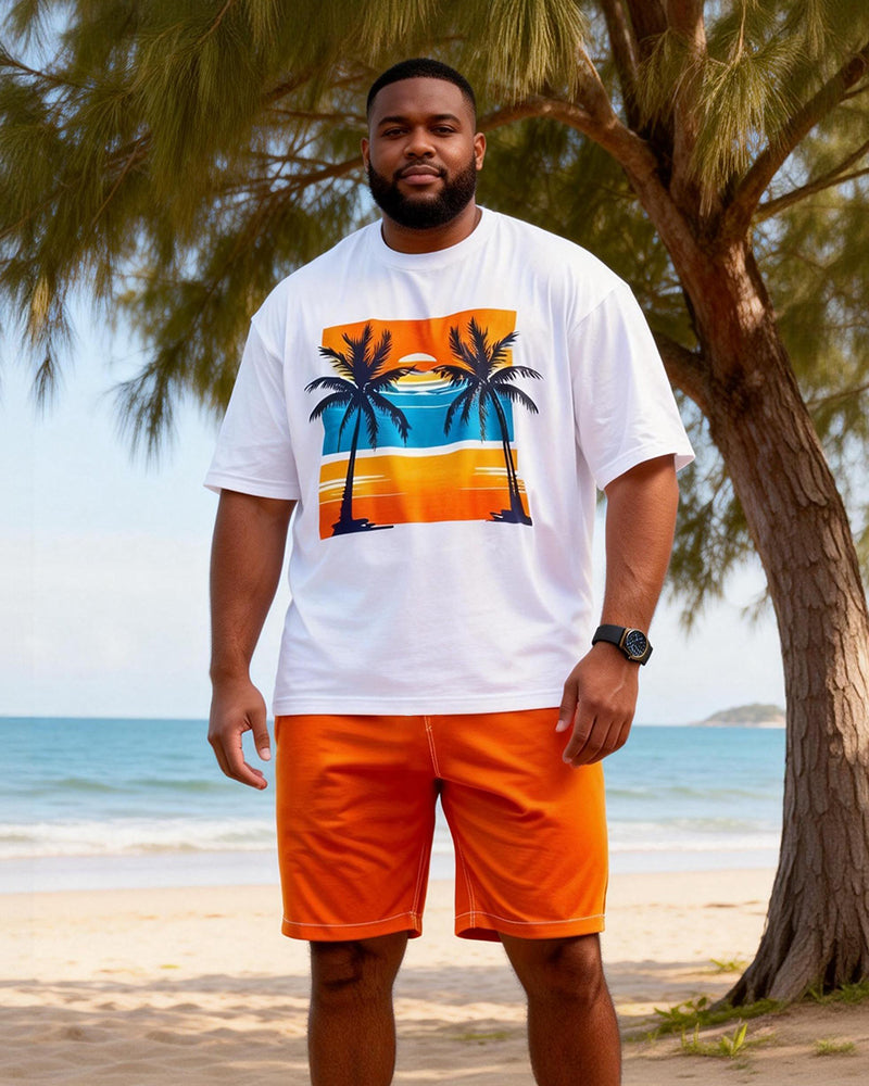 Big & Tall Men's Orange Blue Contrast Coconut Print Round Neck Short Sleeve T-Shirt Shorts Set