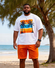 Big & Tall Men's Orange Blue Contrast Coconut Print Round Neck Short Sleeve T-Shirt Shorts Set