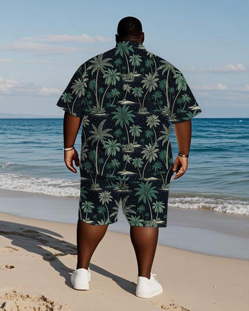 Men's Plus Size Hawaiian Hand Painted Black Green Coconut Tree Print Shirt Shorts Suit
