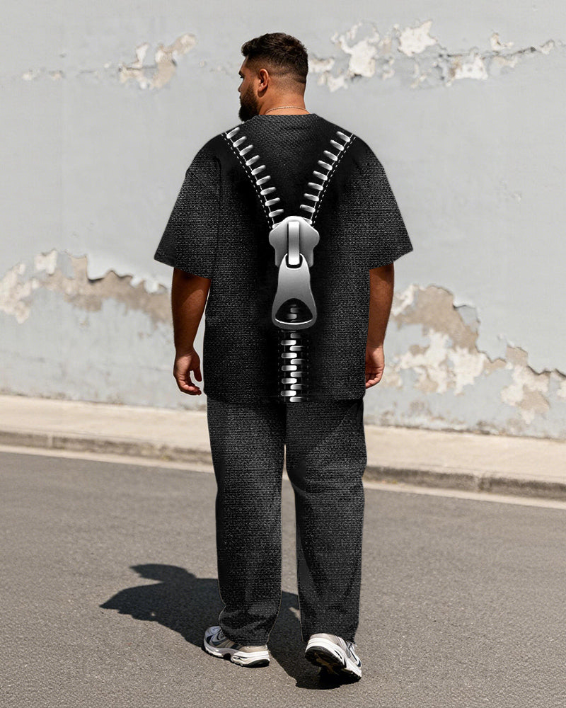 Big & Tall Men's Functional Silver Chain Distressed Texture Printed T-shirt Trousers Set