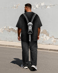 Big & Tall Men's Functional Silver Chain Distressed Texture Printed T-shirt Trousers Set