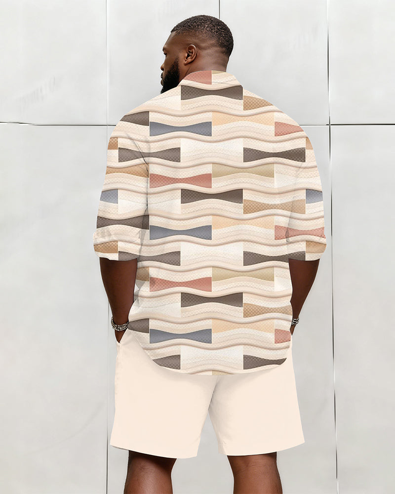 Big & Tall Men's Business Apricot Geometric Print Long Sleeve Shirt Shorts Set
