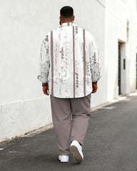 Big & Tall Men's Business Graffiti Alphabet Striped Print Long Sleeve Shirt Pants Set