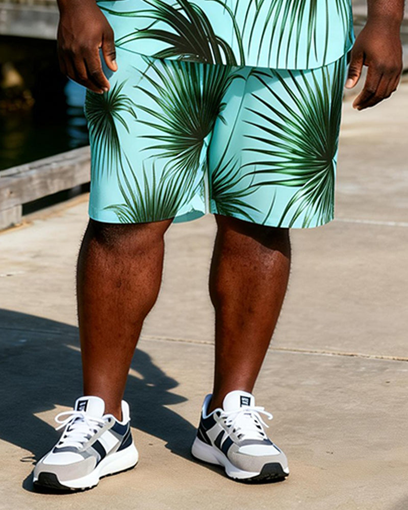 Big & Tall Men's Light Green Bottom Pukui Leaf Printed Short Sleeve Shirt And Shorts Set