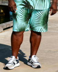 Big & Tall Men's Light Green Bottom Pukui Leaf Printed Short Sleeve Shirt And Shorts Set