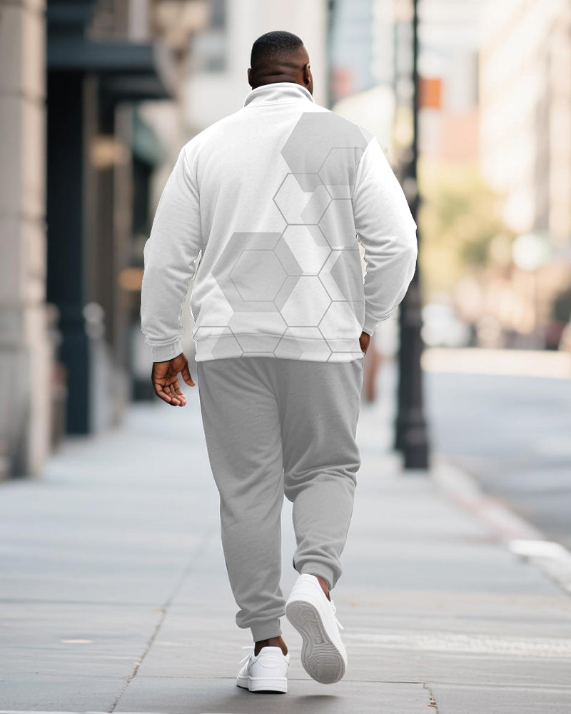 Big & Tall Men's Light Gray Honeycomb Geometric Printed POLO Collar Zipper Long Sleeve Pants Two-piece Set