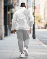Big & Tall Men's Light Gray Honeycomb Geometric Printed POLO Collar Zipper Long Sleeve Pants Two-piece Set