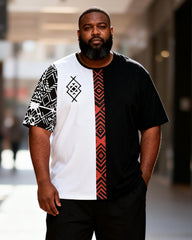 Big & Tall Men's Black And White Red Geometric Stitching Printed T-shirt Trousers Set
