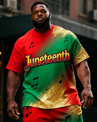 Big & Tall Men's Juneteenth Note Gold Powder Gradient Printing Round Neck Short Sleeve T-shirt Shorts Set