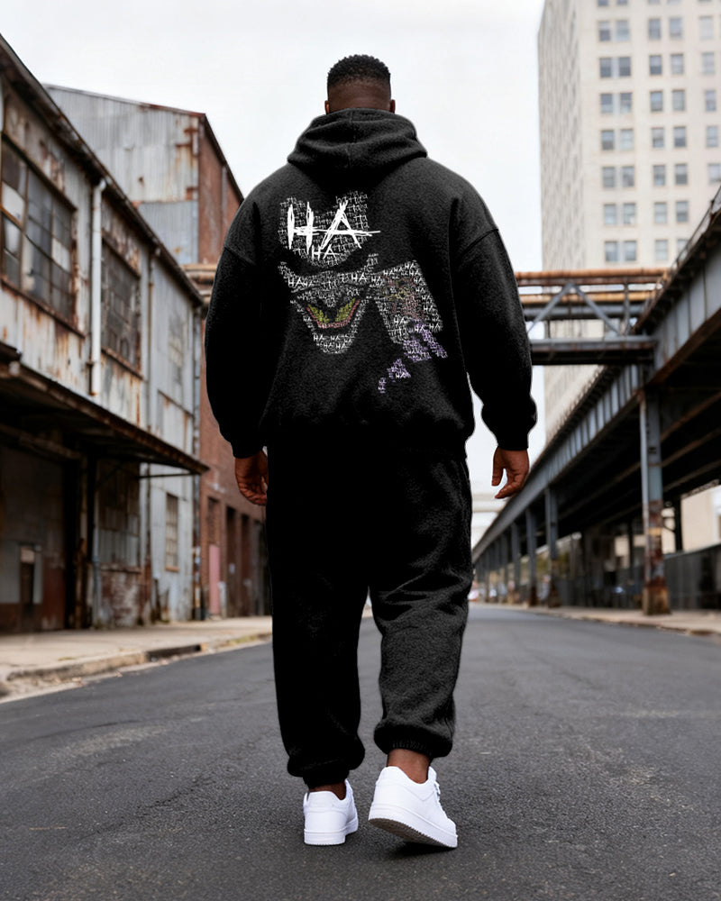 Big & Tall Men's Black Ha Skull Letter Graffiti Print Hoodie Set