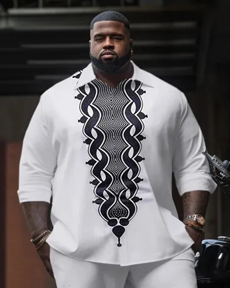 Big & Tall Men's Black And White Wavy Print Long Sleeve Shirt Pants Set