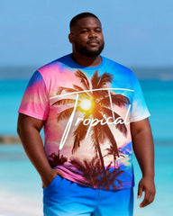 Big & Tall Men's Pink Blue Gradient Coconut Tree Printed Round Neck Short Sleeve T-Shirt Shorts Set