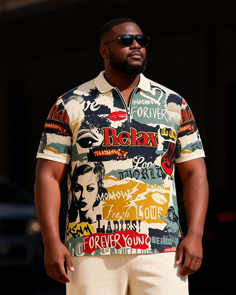 Big & Tall Men's Vintage Graffiti Print Zipper Polo Short Sleeve Pants Set
