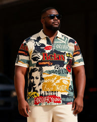 Big & Tall Men's Vintage Graffiti Print Zipper Polo Short Sleeve Pants Set