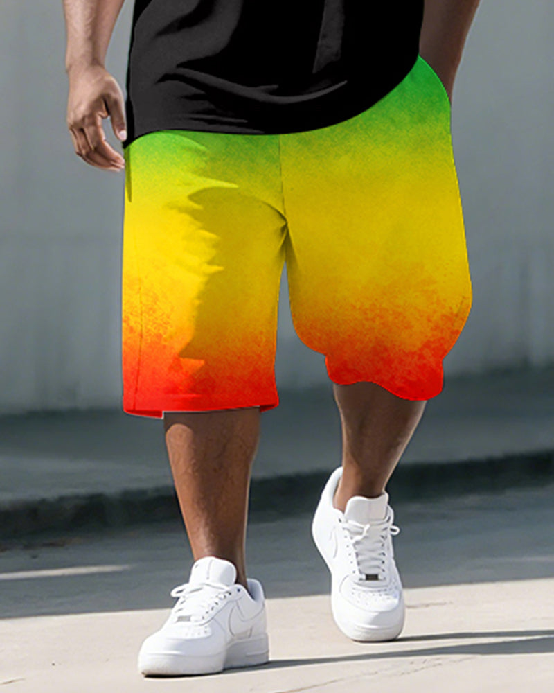 Big & Tall Men's Juneteenth Distressed Flag Reggae Color Printed POLO Short Sleeve Shorts Set