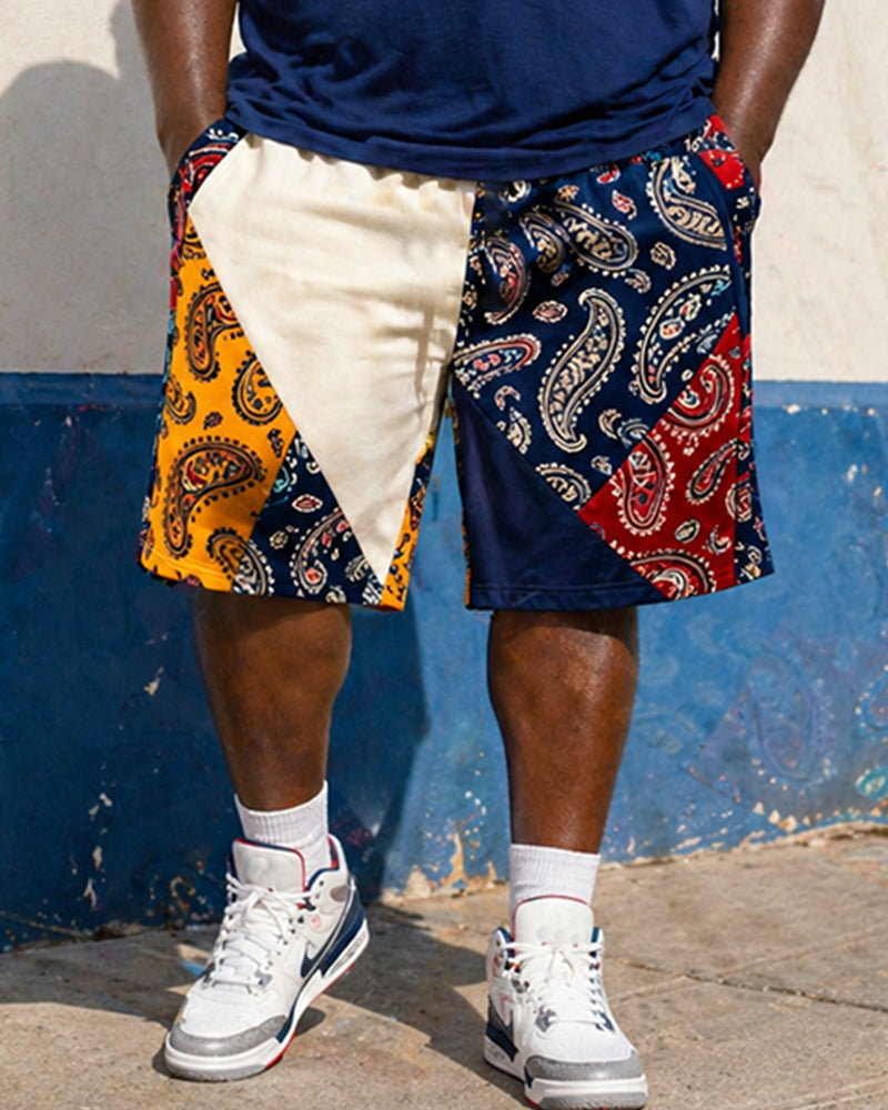 Big & Tall Men's Cashew Flower Stitching POLO Letter Printed Round Neck Short Sleeve T-Shirt Shorts Set