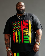 Big & Tall Men's Juneteenth American Flag Print POLO Short Sleeve Shorts Set