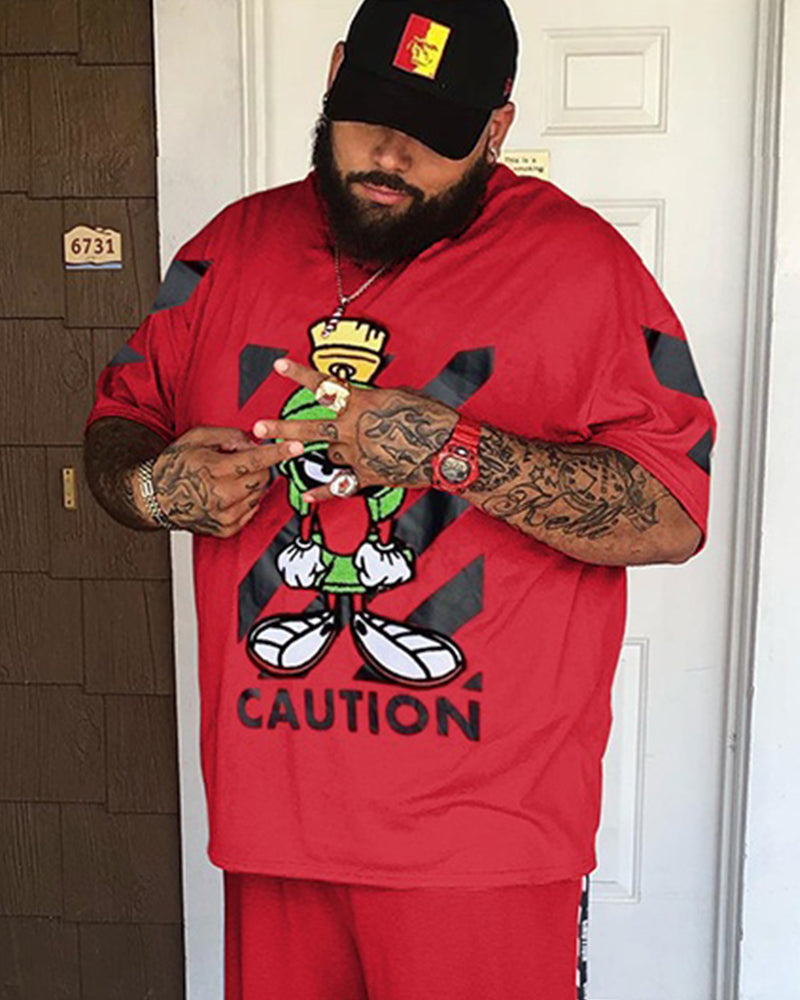 Big & Tall Men's Red Cartoon Character Letter Print Round Neck Short Sleeve T-Shirt Shorts Set