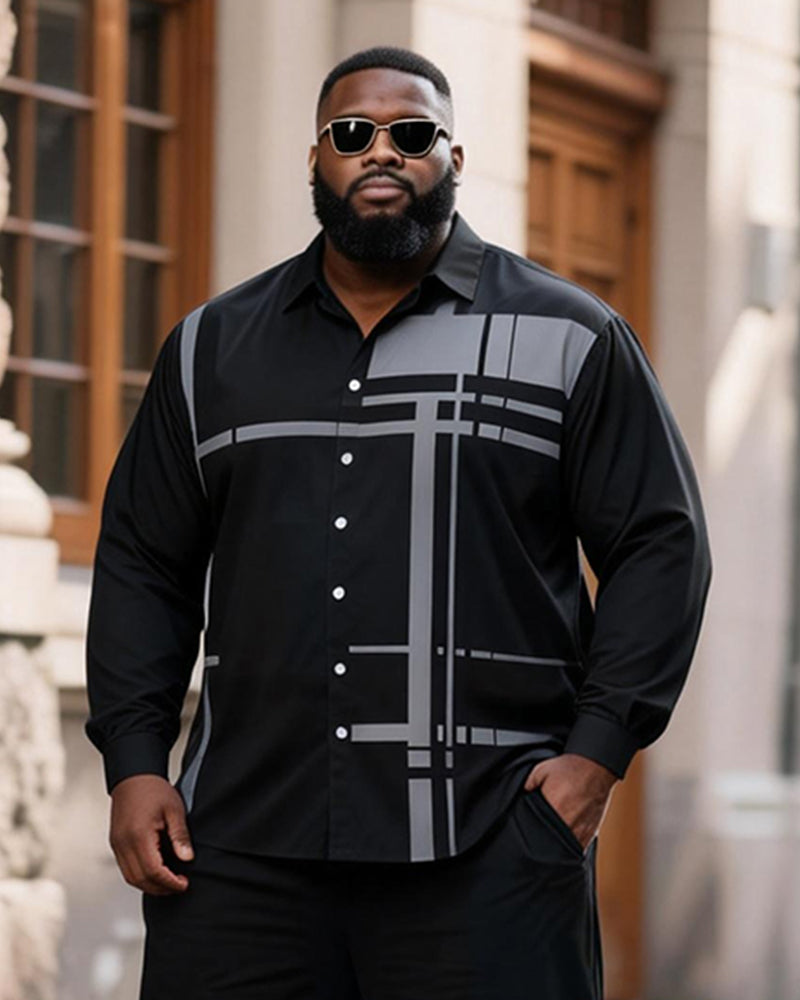 Big & Tall Men's Black And Grey Geometric Print Long Sleeve Shirt Pants Set