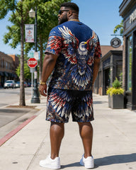 Big & Tall Men's Painted American Flag Eagle Print Crewneck Short Sleeve T-Shirt Shorts Set