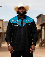 Big & Tall Men's Western Black And Blue Stitching Totem Print Long Sleeve Shirt Pants Set