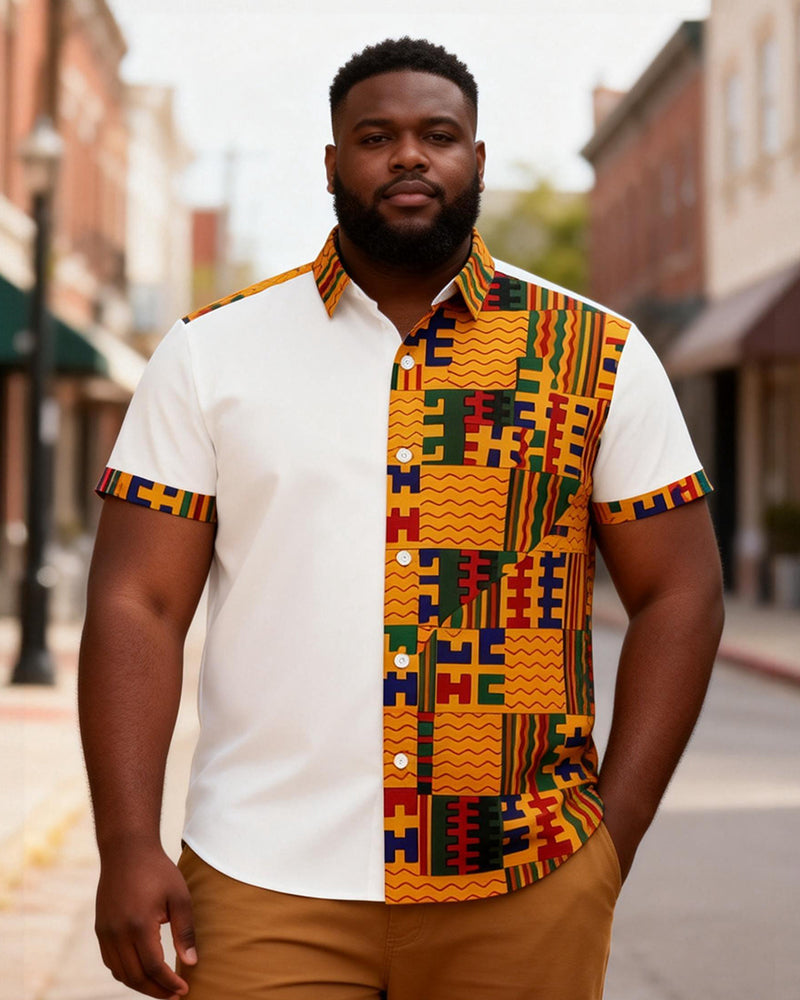 Big & Tall Men's Kent Pattern Half Patchwork Printed Short Sleeve Shirt