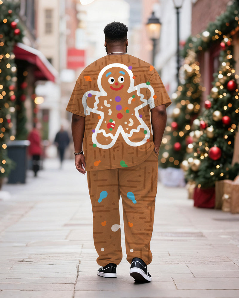 Big & Tall Men's Christmas Gingerbread Man Cosplay Printed T-Shirt Trousers Suit