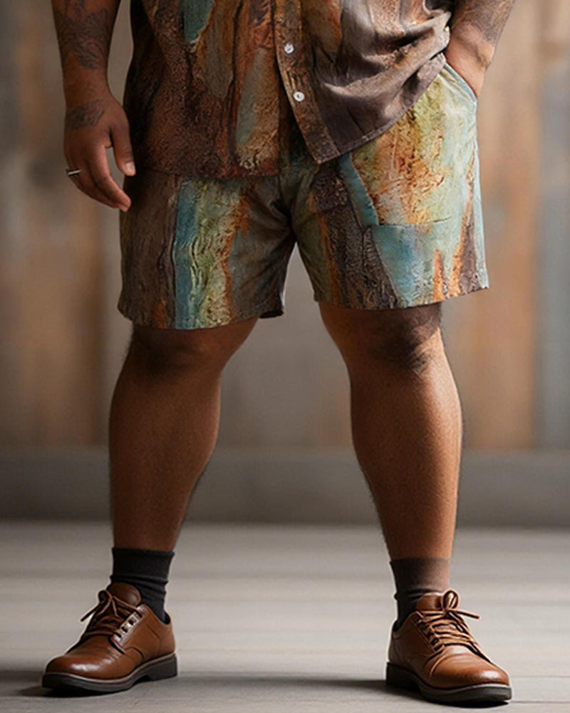 Big & Tall Men's Textured Contrast Print Short Sleeve Shirt Shorts Set