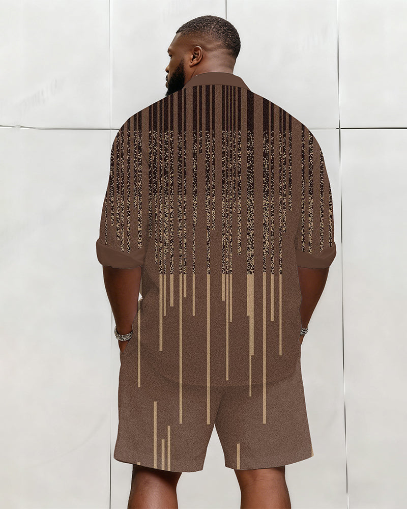 Big & Tall Men's Business Brown Geometric Stripe Print Long Sleeve Shirt Shorts Set