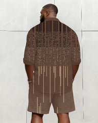 Big & Tall Men's Business Brown Geometric Stripe Print Long Sleeve Shirt Shorts Set