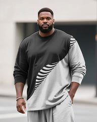 Big & Tall Men's Casual Black And White Geometric Gradient Print Long Sleeve T-Shirt Pants Set