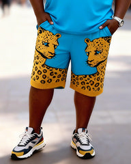 Big & Tall Men's Blue Leopard Claw Contrast Printed Crew Neck Short Sleeve T-shirt Shorts Set