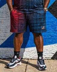 Big & Tall Men's Red And Blue Gradient Plaid Flag Printed Crewneck Short Sleeve T-Shirt Shorts Set